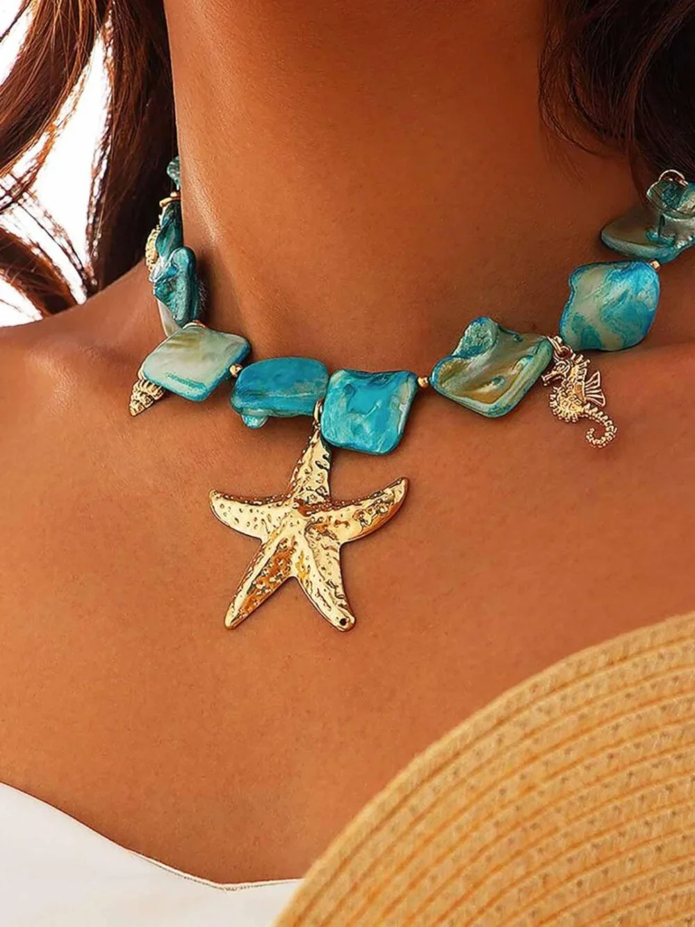 Starfish Shell Necklace Gold Seashell Pendant Necklaces Summer Charm Trendy Chok - Picture 2 of 7